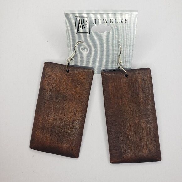 Boho Long Brown Wood Rectangle Block Earrings - Picture 1 of 5